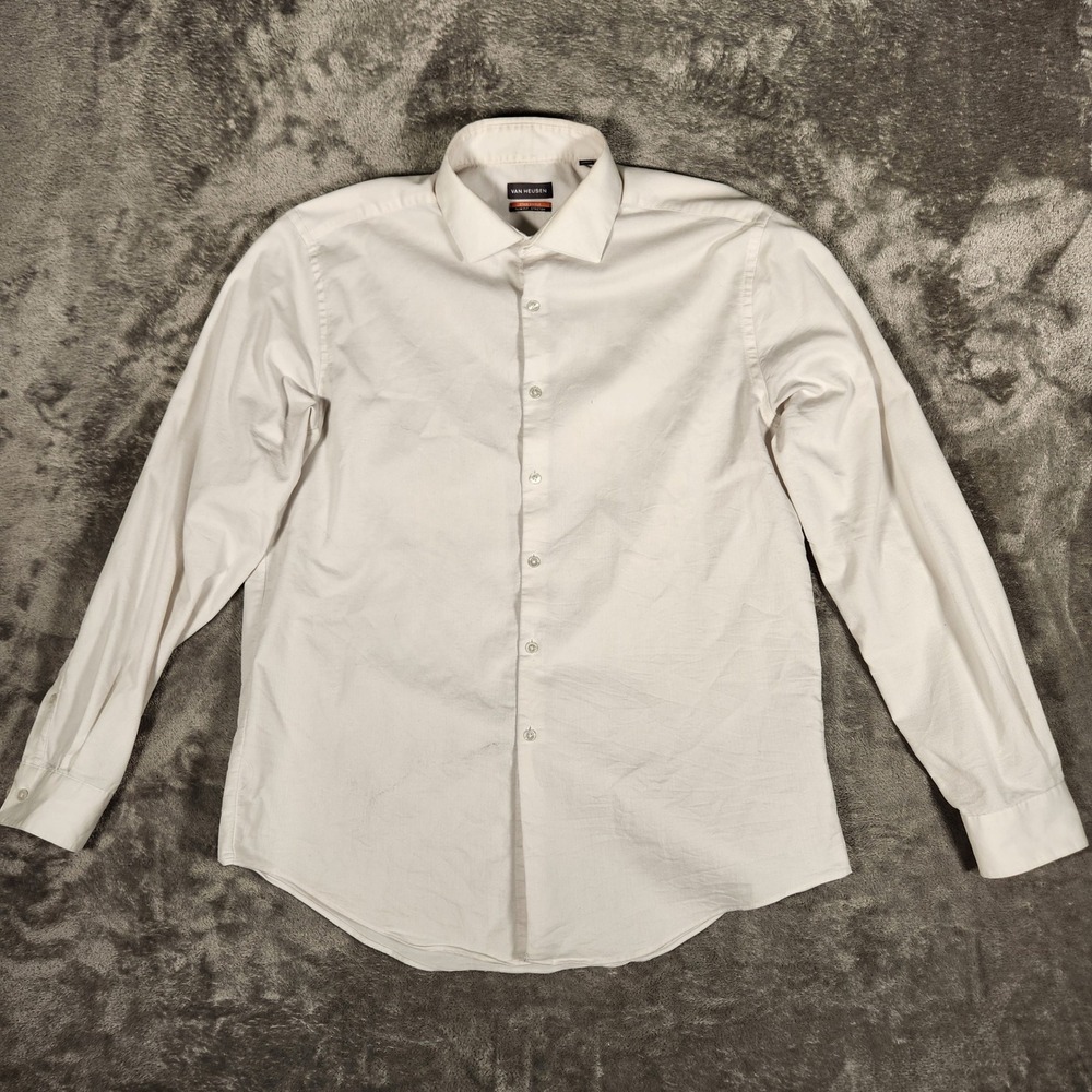 Van Heusen Dress Shirt Mens Large 16-16.5 34/35 Slim Fit White Stain Shield EUC